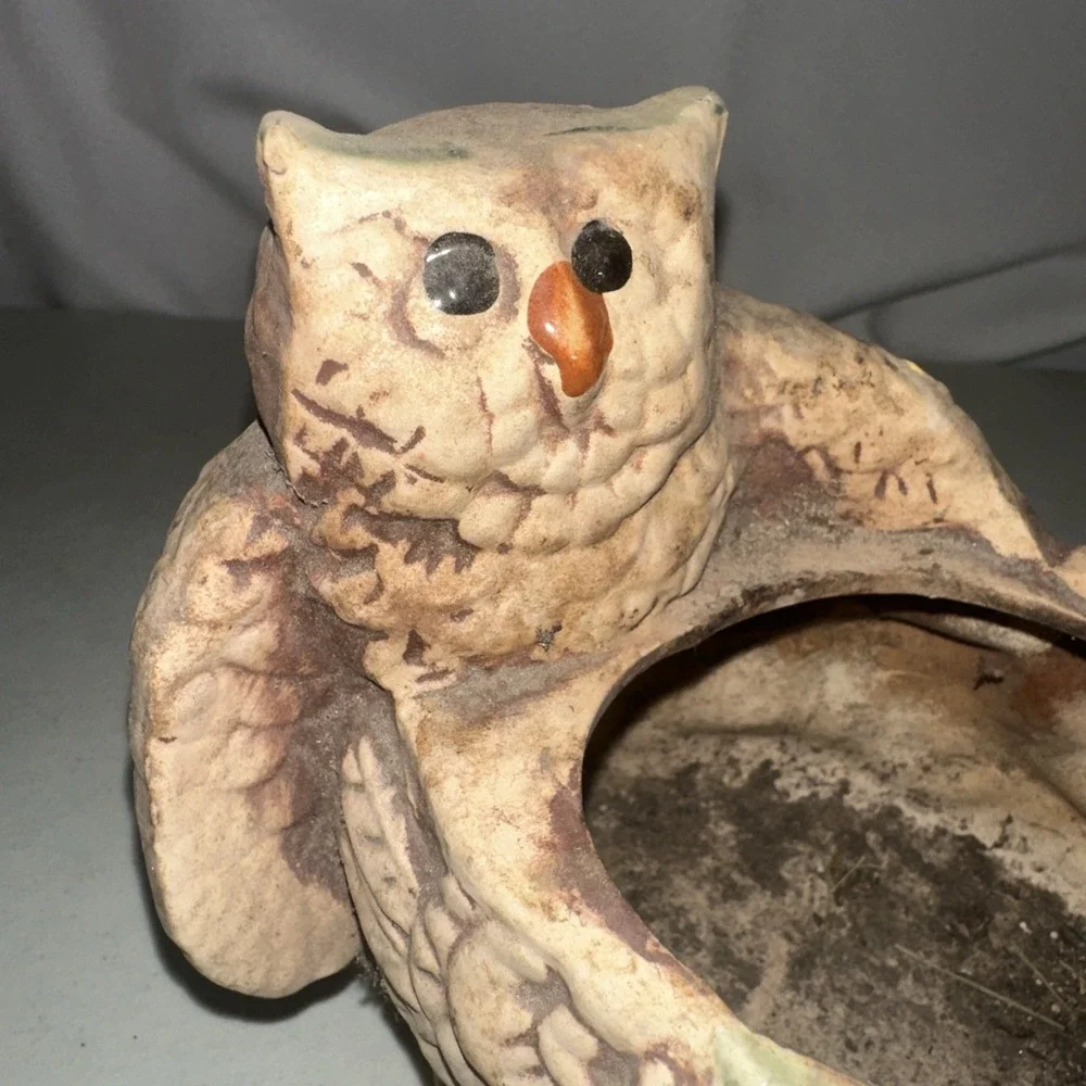Vintage 70s Ceramic Owl Family Planter Mat Bisque Boho Decor